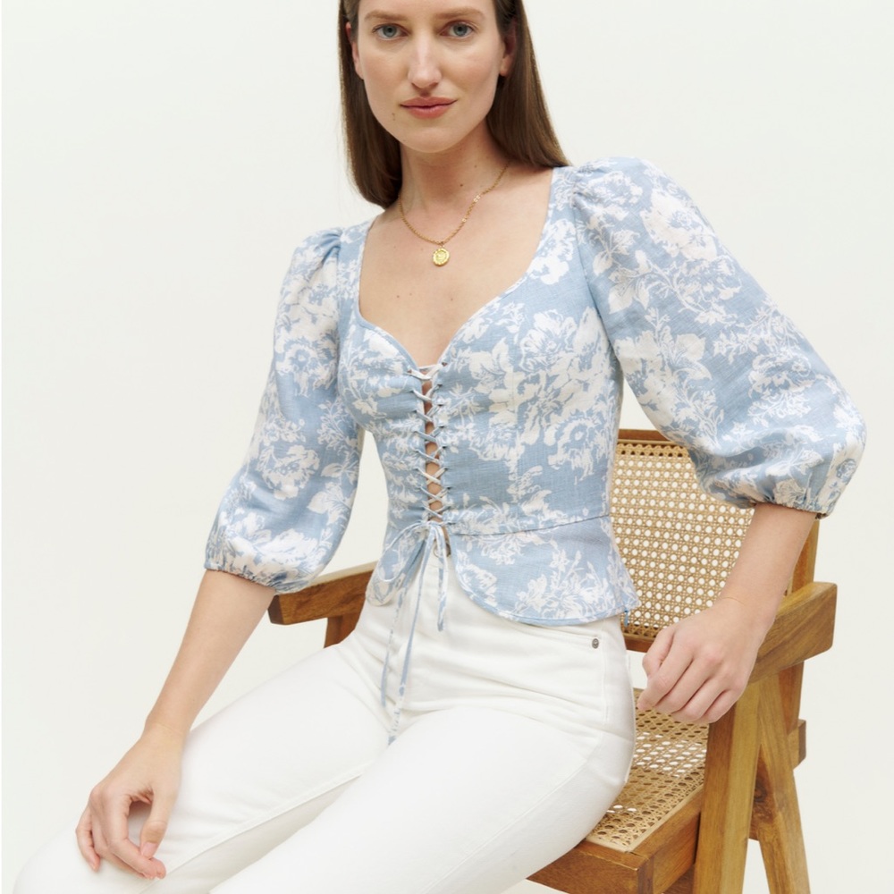 Reformation 3/4 Sleeve 100% Linen Lace-up Barrett Top